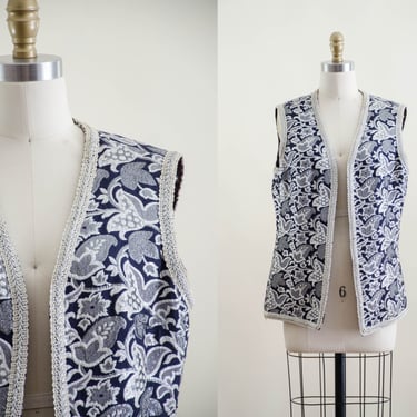 navy silver embroidered vest | 60s 70s vintage shiny metallic silver floral tapestry long open vest 