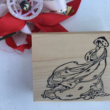 1998 Stamp Francisco Rubber Stamp, Winter Woman Wearing Fur Coat, Windswept Winter Woman, Winter Stamping Scene 