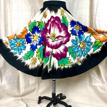 Vintage 1950s Stunning Vibrant Hand Painted Mexican Tourist Skirt Sequins Huge Flowers 