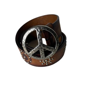Brighton Brown Studded Tooled Leather Belt with Peace Sign Buckle, 30-34 