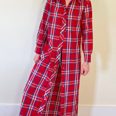 70’s Lord and Taylor Red Blue White Plaid Snap Up Duster Shirt Dress Maxi