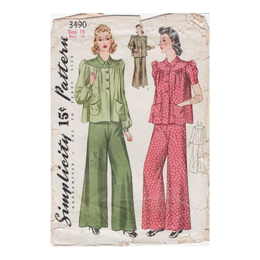 Vintage 1940 Simplicity Sewing Pattern 3490, Misses' and Women's Pajamas, Puffed Sleeve Smock Top and Wide Leg Pants, Size 16 34