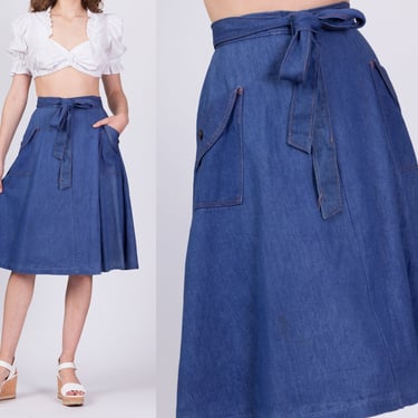 70s Boho Denim Pocket Wrap Skirt - Small | Vintage High Waisted A Line Midi 
