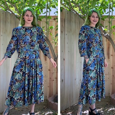 Vintage 1980’s Blue and Green Rose Print Dress 