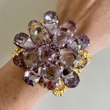 Purple Crystal Heart &amp; Gold Cuff Bracelet