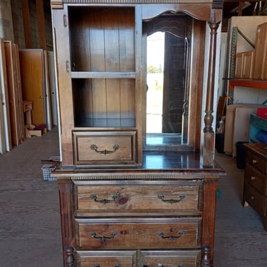 Vintage Oak Armoire with Mirror, 40.5 x 17.875 x 74.375