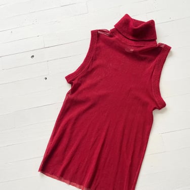 1990s Jean Paul Gautier Merlot Red Sheer Sleeveless Mockneck Top 