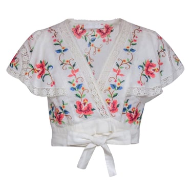 Zimmermann - White w/ Multi Color Floral Embroidery Short Sleeve Top Sz 8
