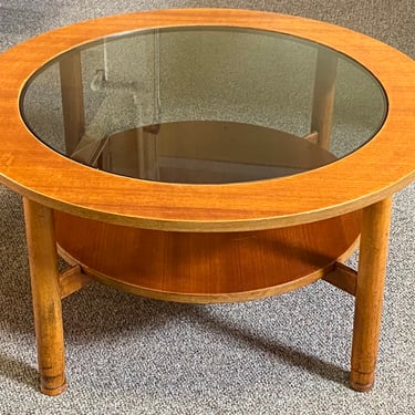 Item #AE24 Mid Century Modern Round Coffee Table w/ Smokey Glass Insert c.1960