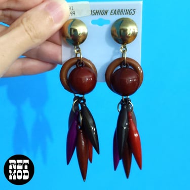 Cool DEADSTOCK Large Vintage 80s 90s Tones of Browns Beaded Drop Dangle Statement Earrings 