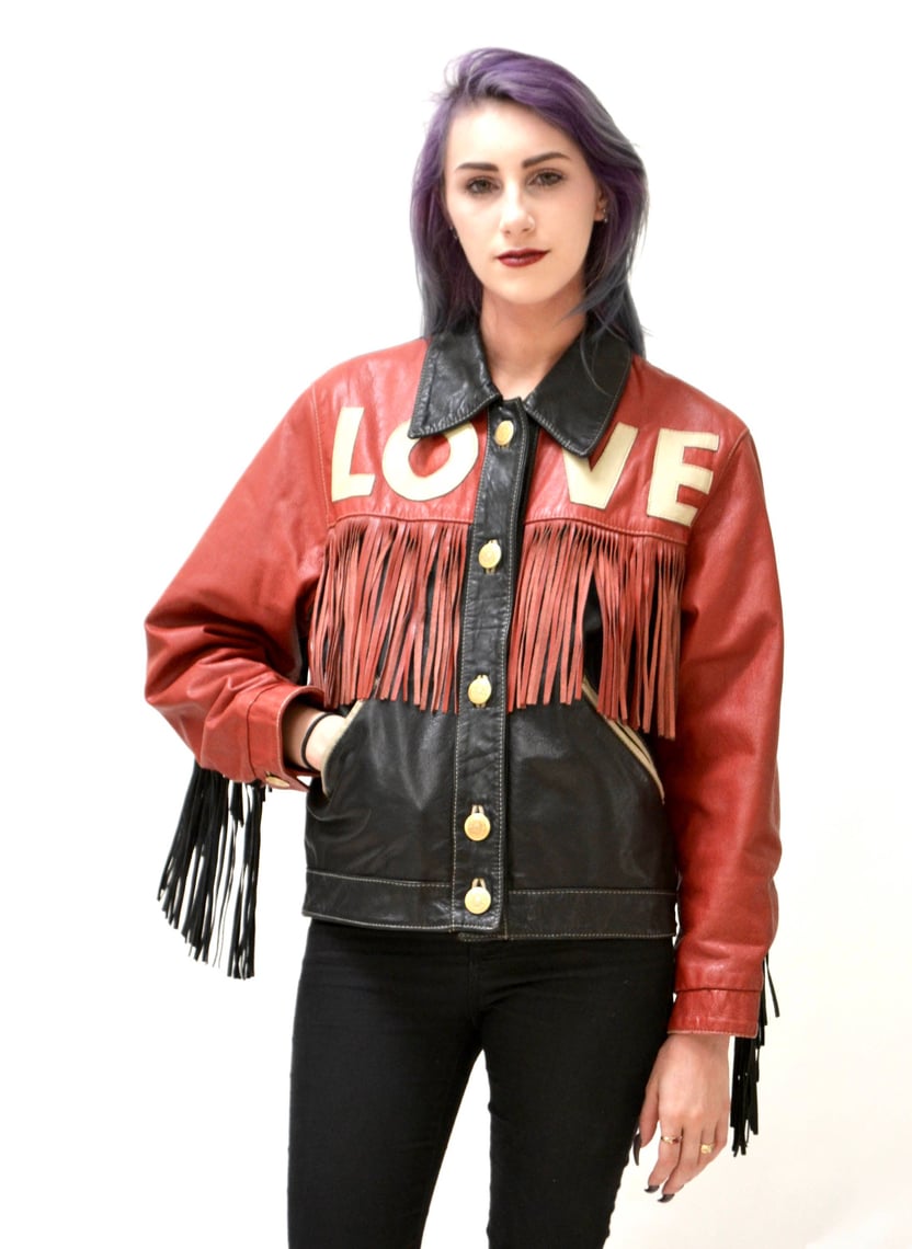 90s Vintage Moschino Leather Jacket Love Fringe Heart Red