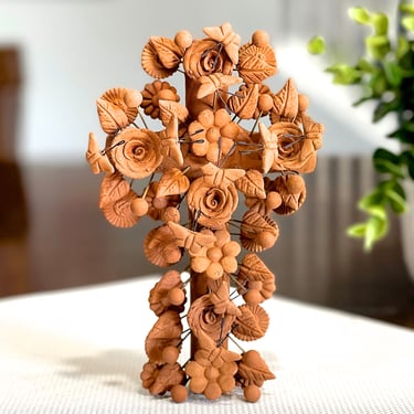 VINTAGE: Mexican Terracottas Tree of Life Cross - Handcrafted - Folk Art Clay Cross - Butterflies, Flowers, Leaves - SKU 