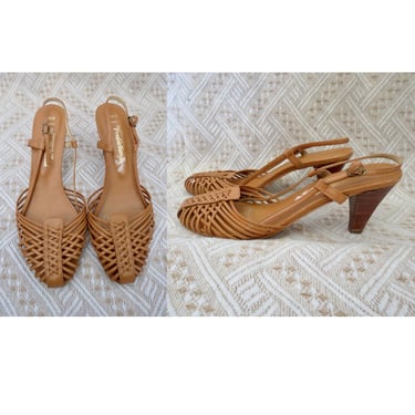 Vintage 70s Sandals - Woven Leather Heels - Boho Hippie Strappy Sandal - Size 6.5 