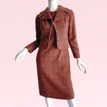 1960s Vintage James Galanos Tweed Mod Suit, Deadstock Cashmere Wool Dress Jacket Set S 