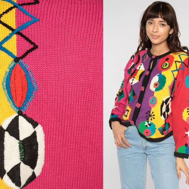 Statement Cardigan 80s 90s Lisa Nichols Abstract Print Sweater Square Button Up Bright Colorful Grandma Retro Novelty Vintage Extra Small xs 