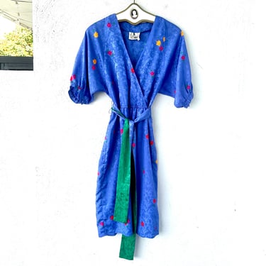 Vintage 70s 80s Wrap Silk Dress 1970s 1980s Flora Kung Shirtdress Blue Floral Dress 