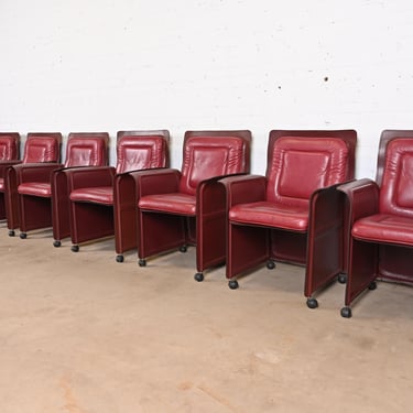 Guido Faleschini for I4 Mariani Postmodern Burgundy Italian Leather Dining Armchairs, Set of Eight