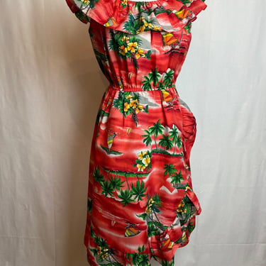 Vintage Hawaiian dress 70’s red tropical floral Helana’s Hawaii summer dress off shoulder optional ruffles cinched waist S/M 