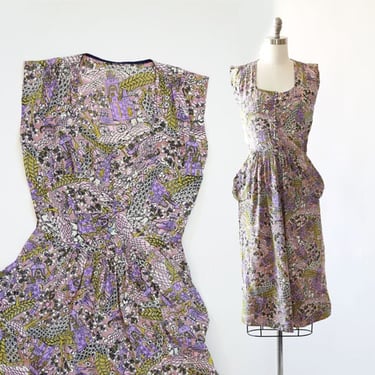 Vintage 40s silk dress | 1940s novelty print silk dress 