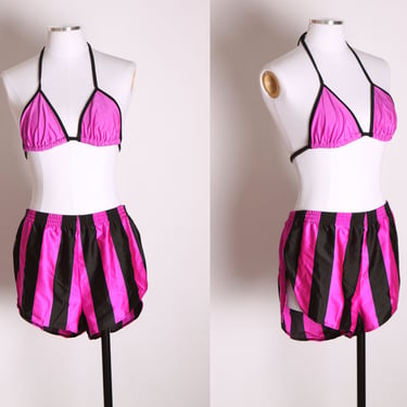 1970s 1980s Black and Purple Striped Two Piece Boxer Wrestling Style Athletic Swimsuit - L 