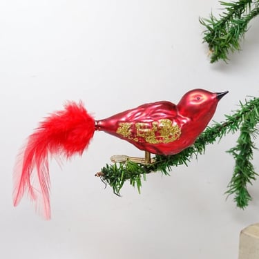 Vintage  Glass Bird Clip On Christmas Ornament with Tail Feathers, Holiday Decor 