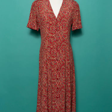 liz claiborne red dress Vintage 90s Liz Claiborne wool blend red dress, double breasted button  front, short sleeve, a-line, midi, preppy, festive holiday Christmas