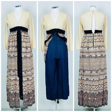 1970s Vintage Gold Lurex Metallic Print Velvet Bow Jumpsuit / 70s / Seventies Black Crepe Empire Waisted Pantsuit / Size Small 