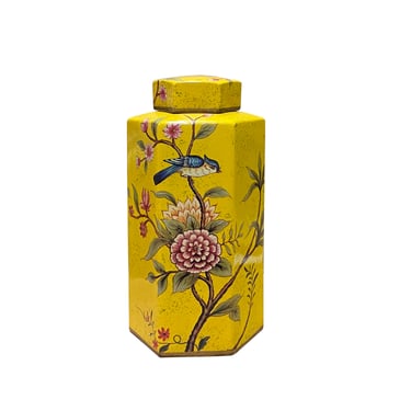 Bright Yellow Hexagonal Porcelain Flower Birds Graphic Vase Jar ws2651E 