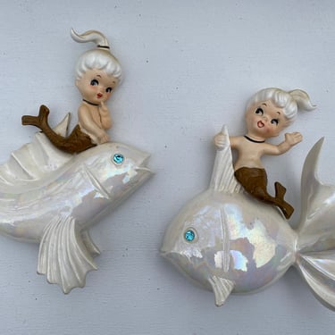 Kitschy Mermaids Riding Fish Wall Plaques/ Figurines, Norcrest P697, Pony Tails, MCM Bath Decor, Vintage Wall Hangings, Set Of Two 