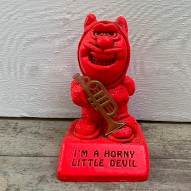 60's Humor Devil Statue With Trumpet, Horny Little Devil, Marked Paula, Dated 1968, Made In USA, Gag Gift, Humorous Sex Gift, Trumpet Player 