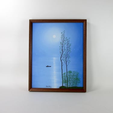 Moonlit Tranquil Blue Evening Lake Painting on Canvas Vintage Serene Nature Art Wood Framed Wall Decor Original Signed Moonlight Painting 