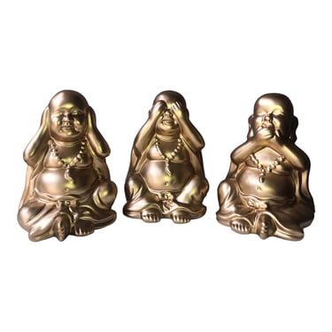 8” Gold Porcelain HEAR/SEE/SPEAK No Evil Buddha Figurines | x 3 Happy Buddhas | Japanese Lucky Bookends | Feng Shui Meditation Statues 