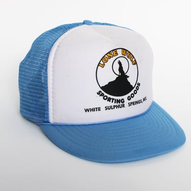 Vintage 80s Trucker Hat - Sky Blue - White Sulphur Springs Montana - Lone Wolf Sporting Goods 