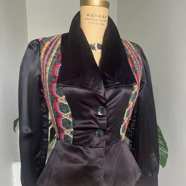 1970s Black Satin Glam Rock Jacket Nipped Waist Lurex Woven Design 36 Bust Vintage 