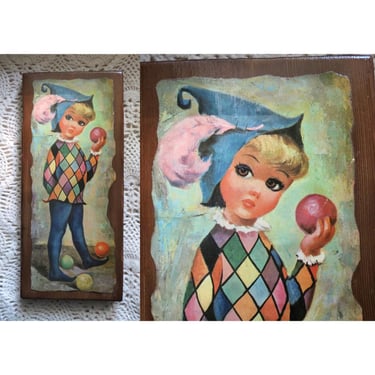 Vintage Big Eyes Wall Hanging - Goji Harlequin Girl Litho - Sad Eye Mod Children Kid Wood Art Decor - 60s Mid Century Artwork 