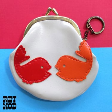 Cute Vintage 60s 70s Red & Orange Fish Appliqué Coin Purse with Keychain 