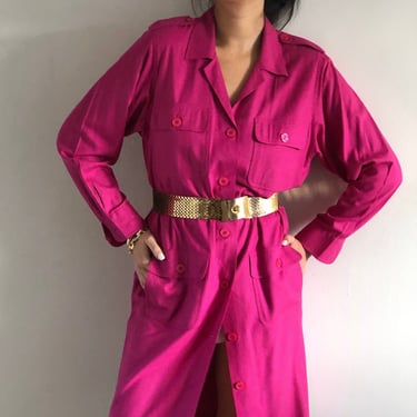 90s silk shirt dress / vintage fuchsia magenta hot pink raw silk button front oversized duster trench shirt dress | Large 