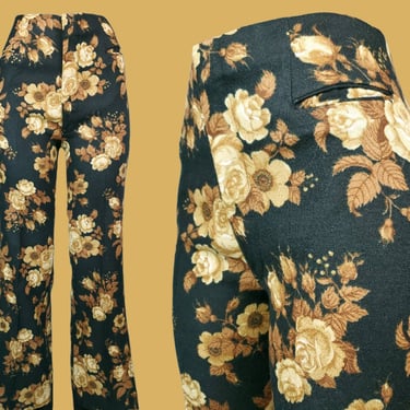 Vintage floral fall pants from the 60s 70s by H.I.S. for her. Woven neutral browns earthy autumn unique rare mod flares. (31 x 30) 