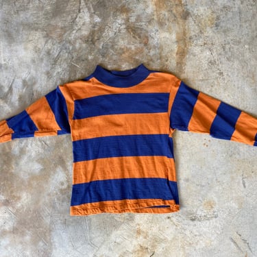 60s Orange and Blue Striped Mock Neck Long Sleeve Tee Size XS 
