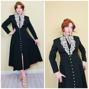 1980s Vintage Randy Pantel Black Victorian Lace Dress / 80s Rayon Button Goth Wednesday Midi Dress / Size Large 