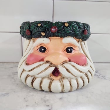 Vintage 1990's Large Resin Santa Claus Head Christmas Figurine Candle Holder Christmas Décor 