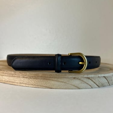 Lands' End Midnight Blue Genuine Leather USA Made Gold Brass Buckle Belt Size S 