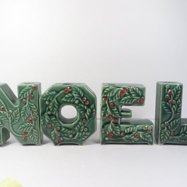 Vintage NOEL Green Holly Ceramic Candle Holders - Lipper & Mann Green Holly Candle Holders 