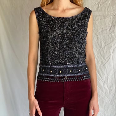 1960s Beaded Sweater / 3D Floral Details / Couture Incredible Heavily Beaded Blouse / Sleeveless Sequin Top / Cocktail Hour / Fringe Blouse 