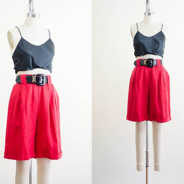 high waisted shorts | 80s vintage red linen shorts 