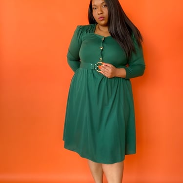 1980s Dark Green Belted Dress, sz. L/XL