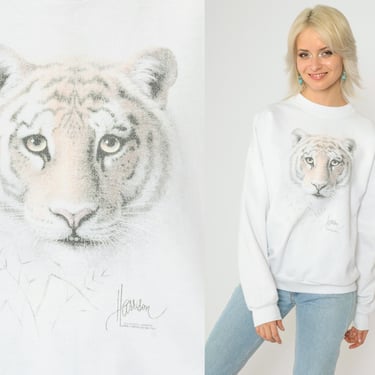 Y2K Tiger Sweatshirt Wildlife Animal Graphic Pullover Crewneck White Big Cat Print Vintage 00s Hanes Large 