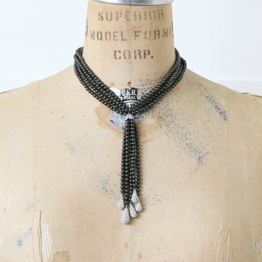 stunning vintage 1950s faux pearls & rhinestone tassel necklace • steel gray Italy multi-strand necklace 