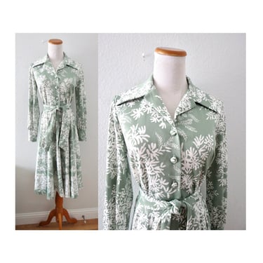 Vintage Floral Shirt Dress 80s Modest Long Sleeve Green Flower Print Secretary Dress - Size Small 