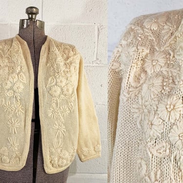 Vintage Lilly of California Long Sleeve Open Front Cardigan Floral Knit Cream Ivory Large 1960s 